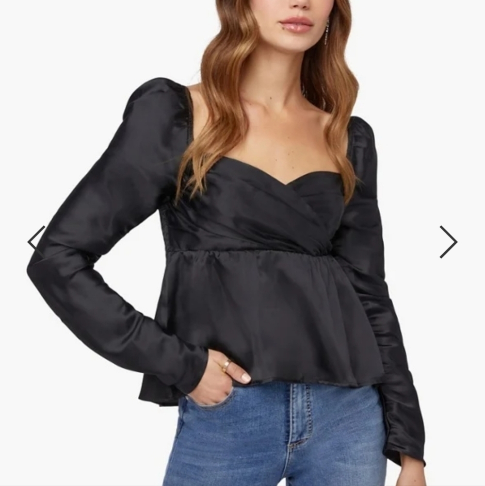 NWT Just Fab empire waist ruched sleeve long sleeve black satin top Size Med